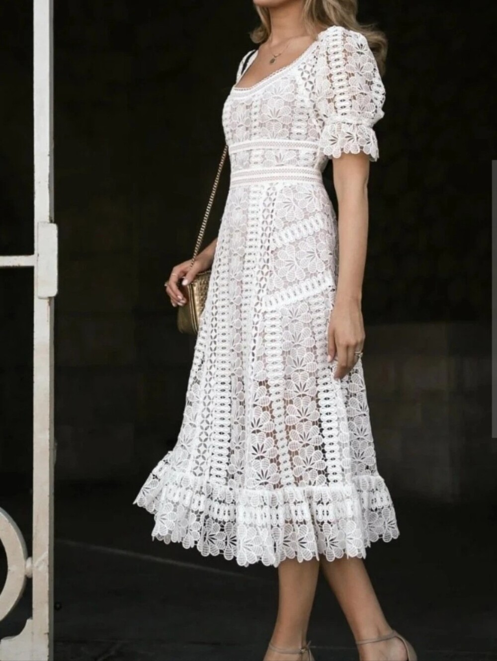 Self Portrait Scoop Neck Empire Waist Floral Lace Midi Dress Size 4 Ruffled